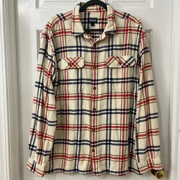 Patagonia Other - Patagonia Fjord Medium Weight Flannel‎ Shirt Sz L Cream Red Plaid Organic Cotton